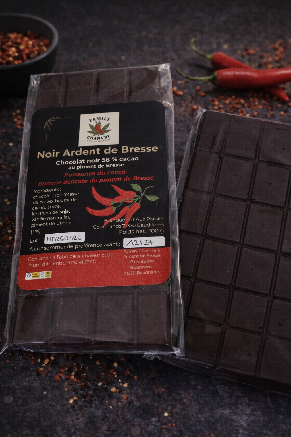 NOIR ARDENT DE BRESSE – Chocolat noir au piment de Bresse | Intensité & caractère